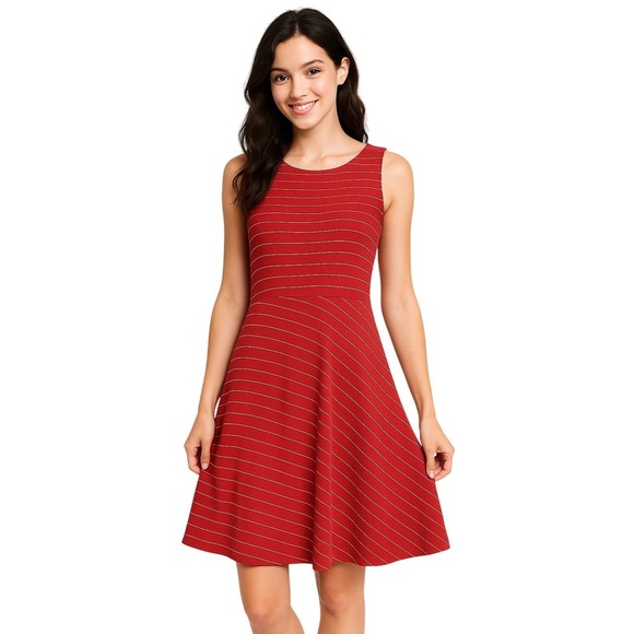Ann Taylor Dresses & Skirts - Ann Taylor Red Striped Silk Fit Flare Dress Women Size 14P Sleeveless Round Neck